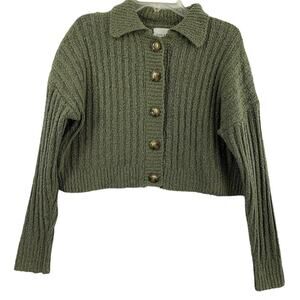 Pink Rose Cardigan Sweater Womens Large Green Cropped Ribbed Knit‎ Collared